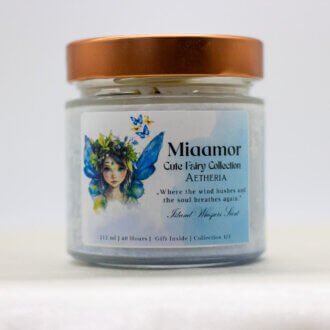 Aetheria candle with rose quartz crystals on top, glowing softly in natural light, symbolizing calm and peace.