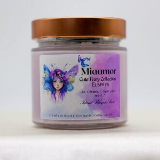 Elberyn candle topped with white howlite, deep blue apatite, and clear quartz crystals, glowing under soft candlelight.