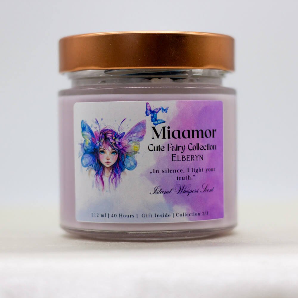 Elberyn candle topped with white howlite, deep blue apatite, and clear quartz crystals, glowing under soft candlelight.